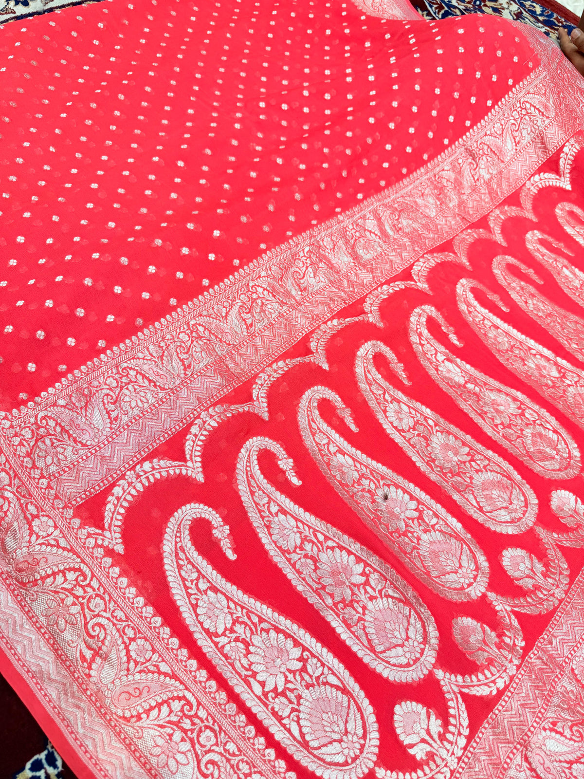 Beautifull pure khaddi shiffon saree in cherri red colour