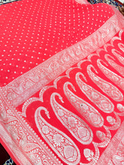 Beautifull pure khaddi shiffon saree in cherri red colour