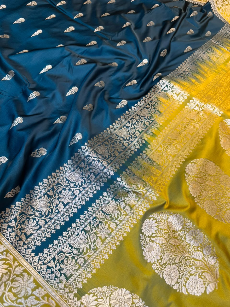 Pure Mashroo Katan Saree Peacock Teal & Mustard Gold Combination