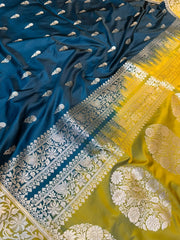 Pure Mashroo Katan Saree Peacock Teal & Mustard Gold Combination