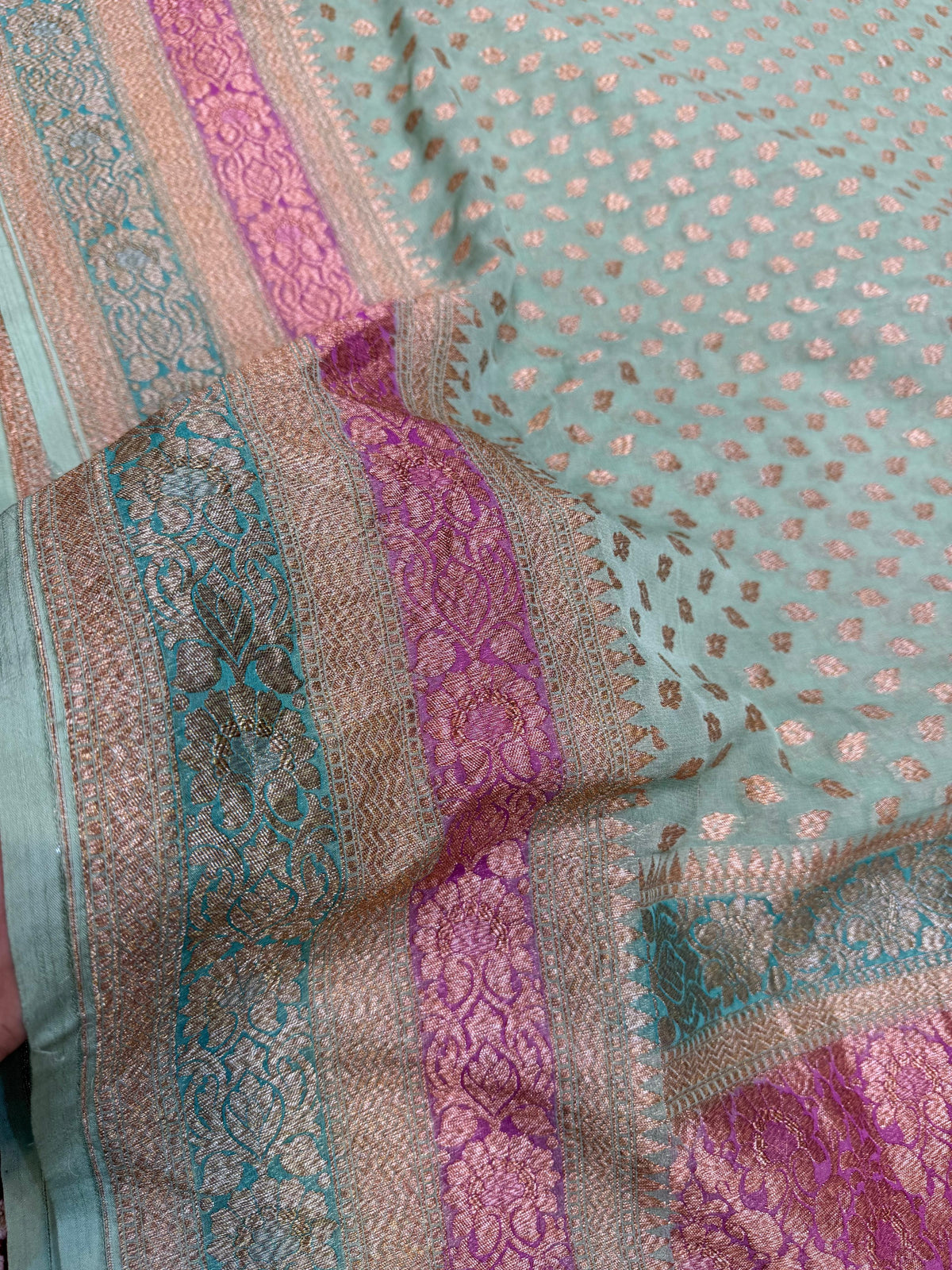 Beautifull Pure Khaddi Chiffon saree in contrast colour