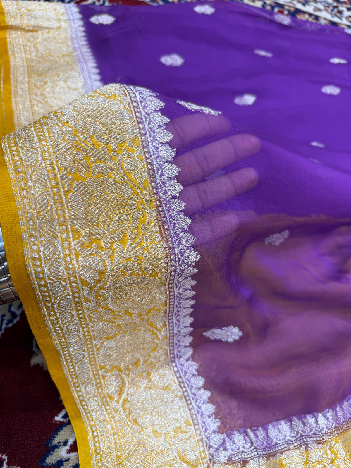 Beautifull Pure Khaddi Shiffon saree in contrast colour