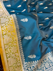 Pure Mashroo Katan Saree Peacock Teal & Mustard Gold Combination